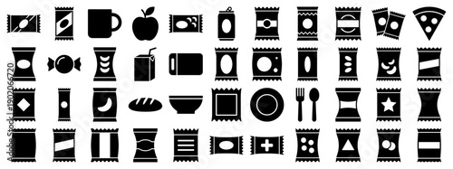 Food and snack packaging icons in a minimalist black filled silhouette style for interface design