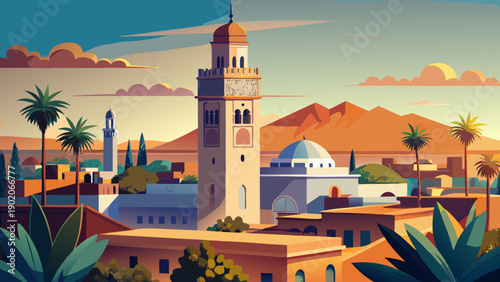 Very beautiful Koutoubia Mosque minaret rising above Marrakech medina, showcasing classic Islamic design, historical significance, and a defining symbol of the city skyline.