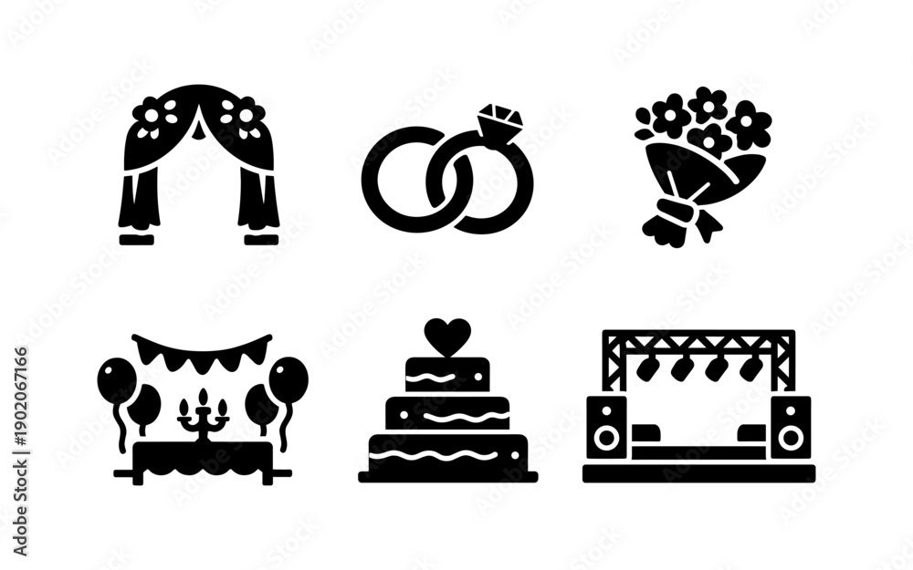 Fototapeta premium Collection of wedding and celebration icons including an arch, rings, bouquet, and cake