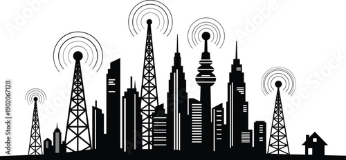 Black and white city skyline with communication towers and wireless signals urban landscape 2