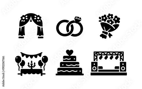 Collection of wedding and celebration icons including an arch, rings, bouquet, and cake