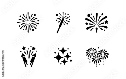 Collection of six black and white fireworks and sparkler icons on a white background