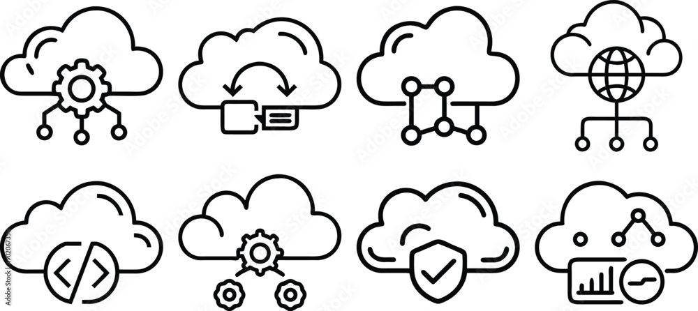 Fototapeta premium Data Processing web icons in line style. Analytics, gear, network, statistic, filter, diagrams, technology. Icon collection. Editable stroke. Vector illustration. 