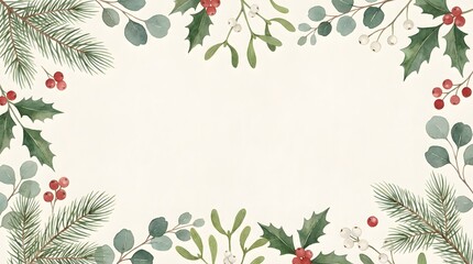 Framing a festive holiday border of leaves, berries, holly and mistletoe against a soft white backdrop, viewed from a top‑down perspective