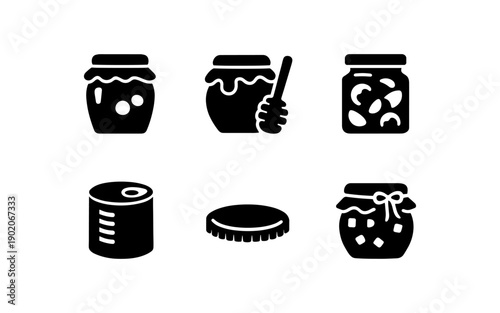 Collection of food preservation icons including jars, cans, and lids