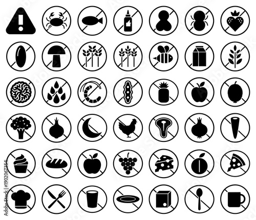Food allergy icons in a black minimalist line style featuring dietary restrictions and warning symbols.