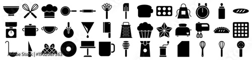 Baking and kitchen icons featuring a collection of silhouette tools for cooking and pastry design