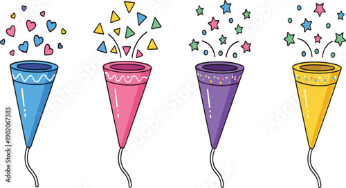 Party popper vector illustration set with colorful confetti hearts and stars for birthday invitations or festive celebration branding