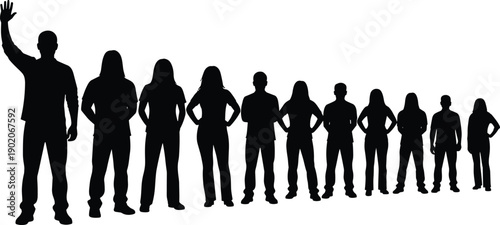 Group of people standing in a line with one person raising their hand silhouette