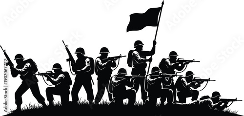 Group of soldiers with rifles and flag on grassy hill military black flag