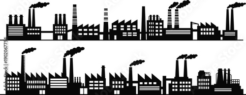 Industrial factory buildings with smokestacks and chimneys in a cityscape