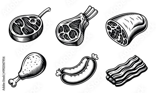 Vintage illustration of various raw meat cuts including steak, chop, roast, chicken leg, sausages, and bacon.