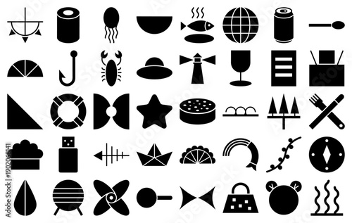 Nautical and food icons in a black solid glyph style featuring maritime symbols and kitchen elements