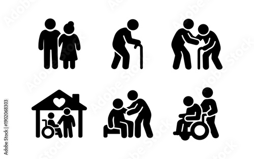 Elderly care and assistance icons showing support for seniors and people with disabilities