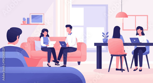 Four people work on laptops in a modern, minimalist living room and dining area