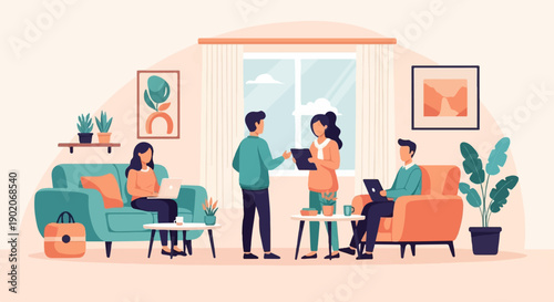 Four people working and collaborating in a bright, modern living room space