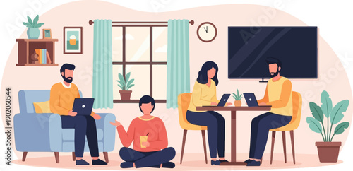 Four people working and relaxing in a cozy living room setting