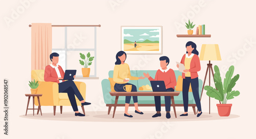 Four people working and relaxing in a cozy living room