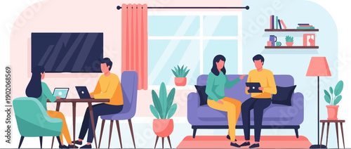 Four people working and relaxing in a modern living room