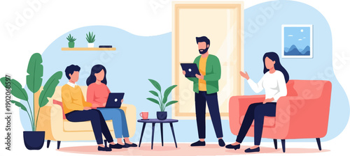 Four people collaborate in a modern living room with plants and laptops