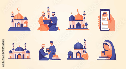 Flat illustration of Islamic cultural scenes with mosques, people, and technology