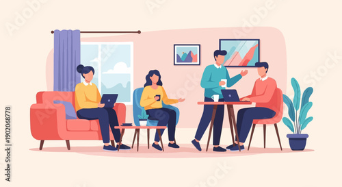 Four people gathered in a living room, working on laptops (1)