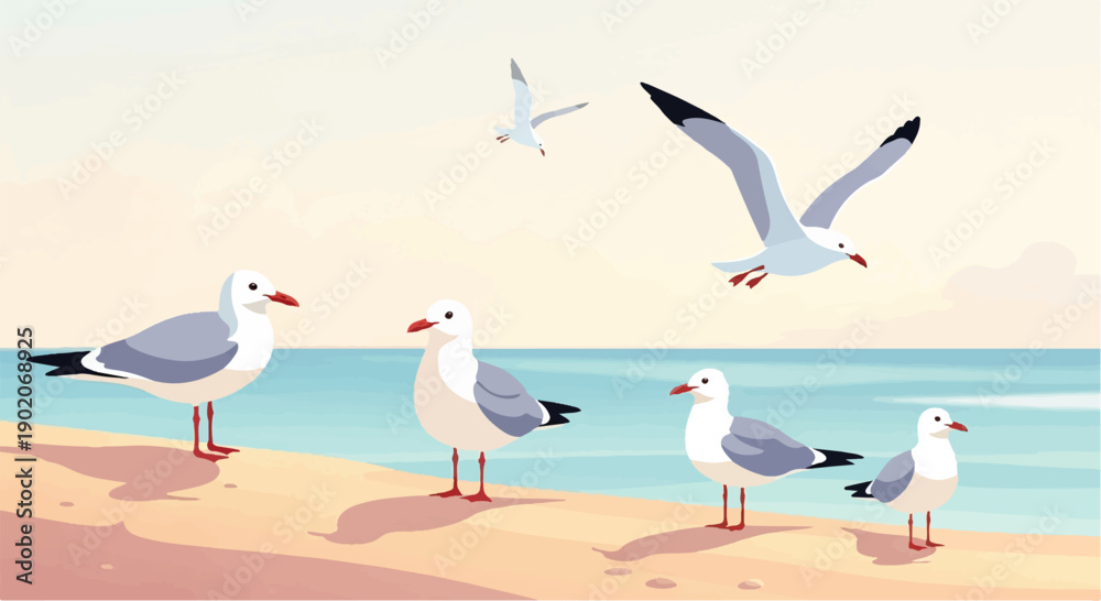 Fototapeta premium Five seagulls rest and fly on a sandy beach by the ocean