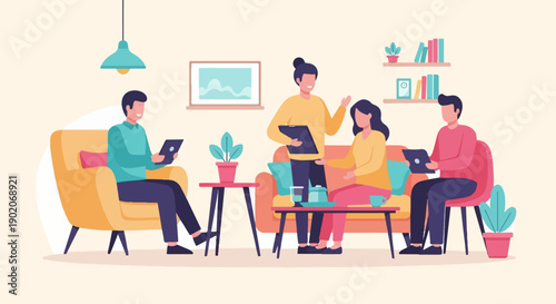 Four people in a living room, some holding tablets, talking