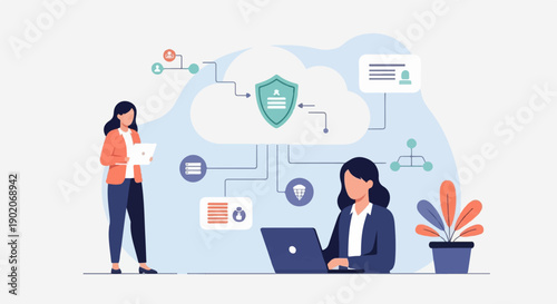 Flat illustration of women working with cloud and data security icons