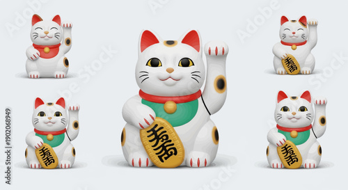 Five white lucky cats with raised paws and golden coins, set against a white background