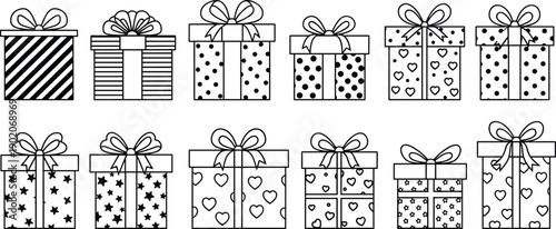 Set of wrapped gift boxes with various patterns and bows patterned gift ribbon