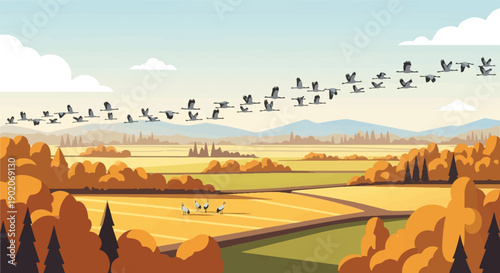 Flock of birds migrating over golden fields and autumn trees