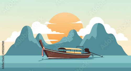 Flat design illustration of a longtail boat at sunset with mountains