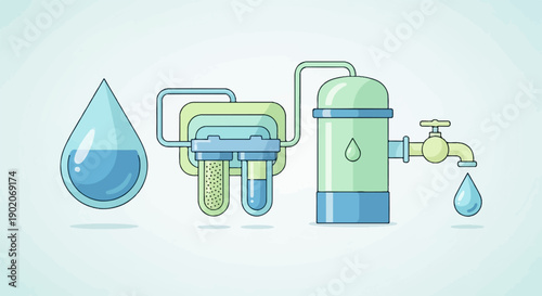 Flat design illustration of a water filtration system with a tap