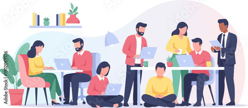 Diverse team collaborating on laptops in a modern office space