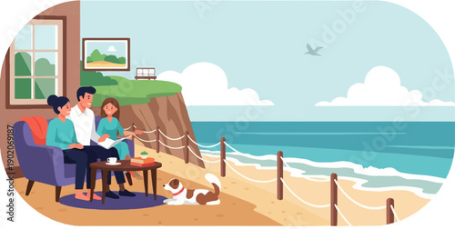Family enjoys relaxing indoors with a view of the ocean and a dog
