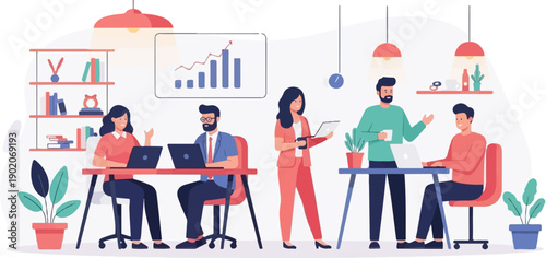 Diverse team collaborating on projects with laptops and charts in a modern office