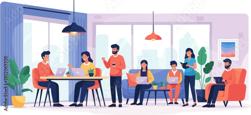 Diverse people collaborating in a modern office space with natural light