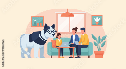 Family and dog in living room with laptops and plants