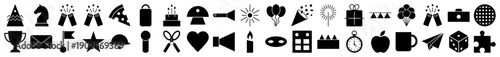 Party and celebration icons in a solid black glyph style for event planning and web design.