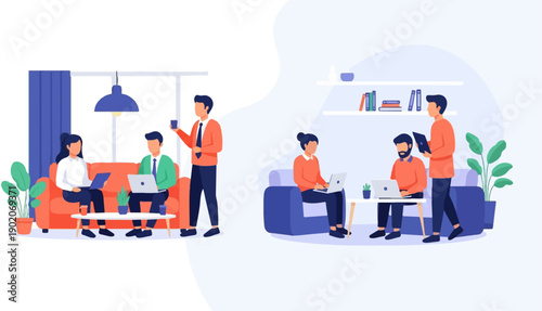 Diverse people collaborating in modern, relaxed work environments