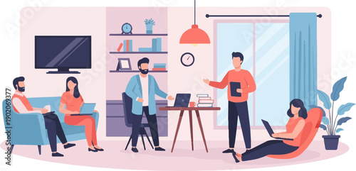 Diverse people collaborating in a modern, relaxed indoor workspace