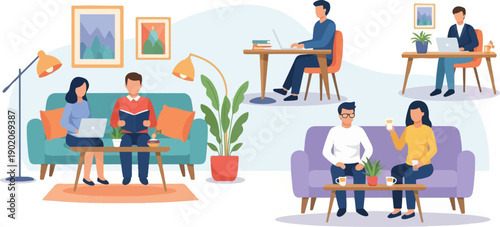Diverse people engage in work and leisure activities at home