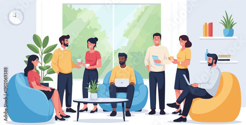 Diverse people gather in a modern, relaxed office with plants and natural light