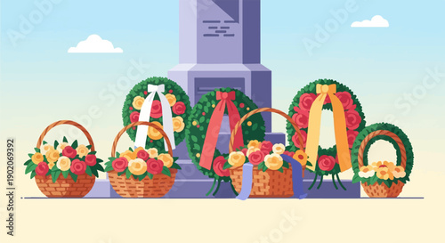 Floral tributes and a memorial monument under a clear sky