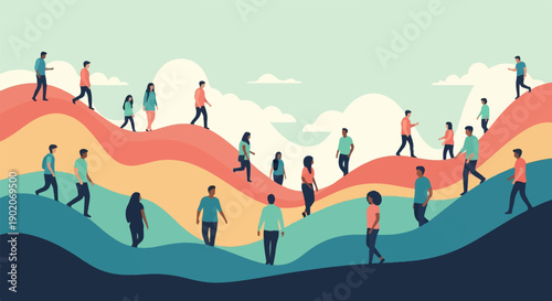 Diverse people navigate colorful, undulating terrain under cloudy skies