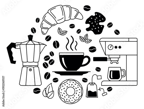 Line art coffee and tea elements set featuring a moka pot, espresso machine, and pastries for a cafe menu