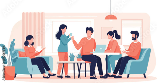 Diverse group of people collaborating in a modern, comfortable indoor space