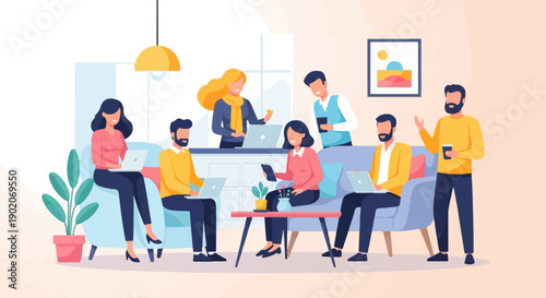 Diverse group of people collaborating on laptops in a modern office setting