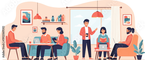 Diverse people working and reading in a modern, brightly lit interior